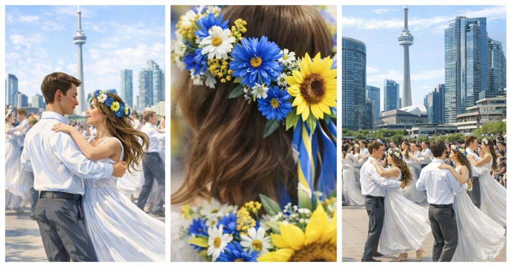 Три панелі: пара танцює вальс, дівчина у вінку з соняшників, загальний план танцюристів на фоні Сі-Ен Тауер у Торонто.