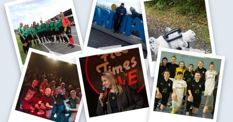 Колаж фотографій Альони Пархоменко, що ілюструють її життя в Маріуполі, футбольну кар'єру та виступи на стендап-сцені в Канаді.