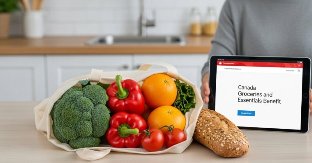 Продукти в еко-сумці та планшет із інформацією про виплати Canada Groceries and Essentials Benefit