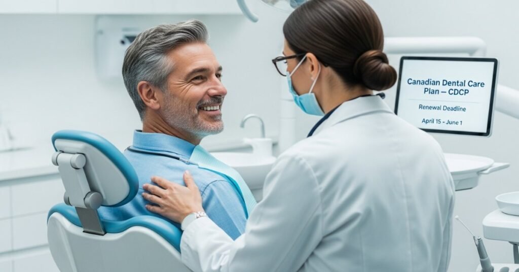 Усміхнений пацієнт у кріслі стоматолога під час обговорення поновлення плану CDCP.