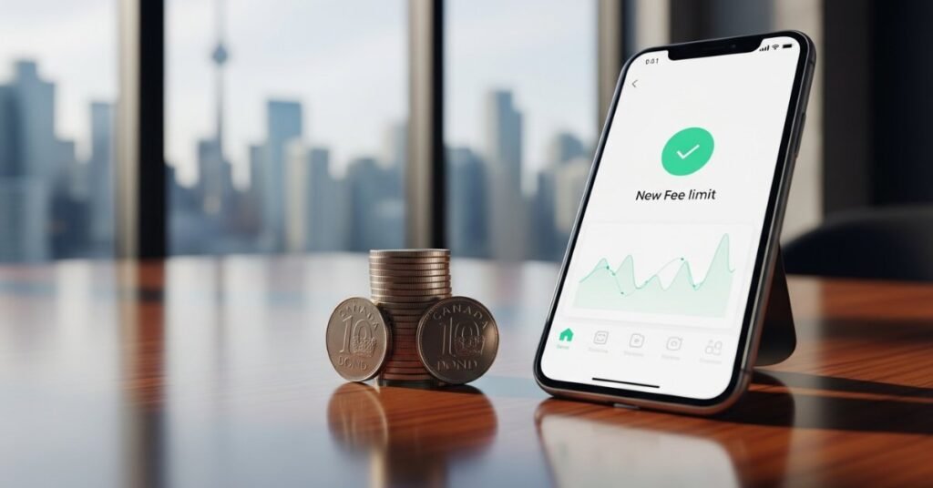 Смартфон із банківським додатком та канадські монети на дерев'яному столі