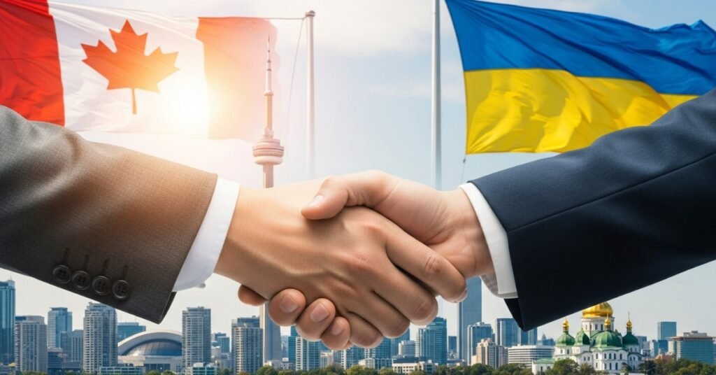 Рукостискання на фоні прапорів Канади та України та архітектурних символів обох країн.