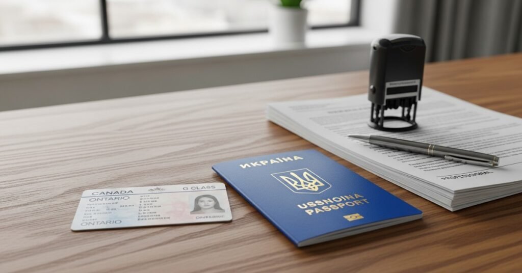 Канадське посвідчення водія та український паспорт на столі з документами.
