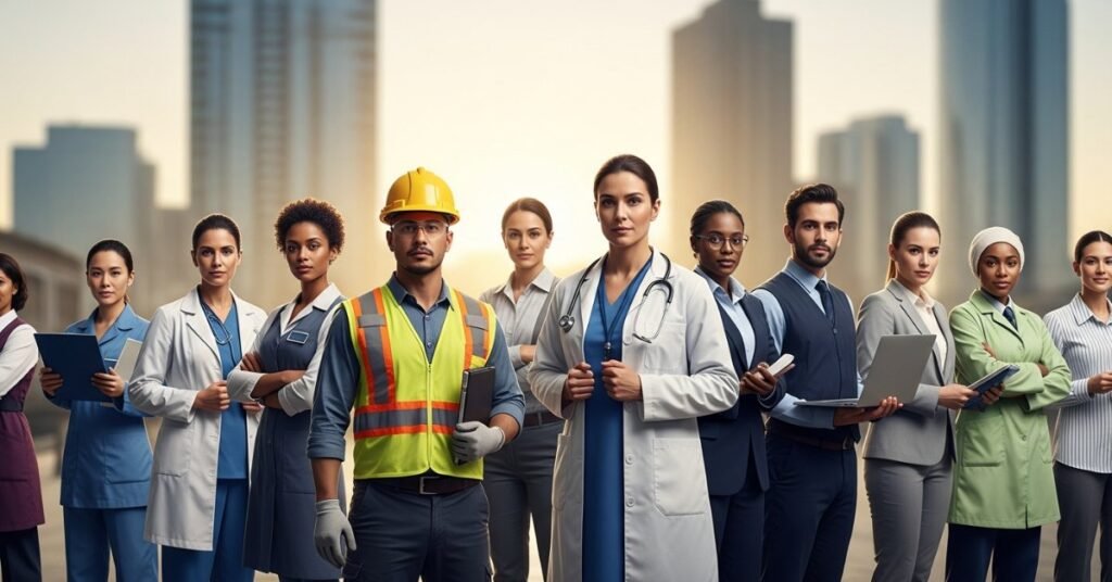 Група українських професіоналів різних галузей у Канаді на фоні символічного напису Open Work Permit