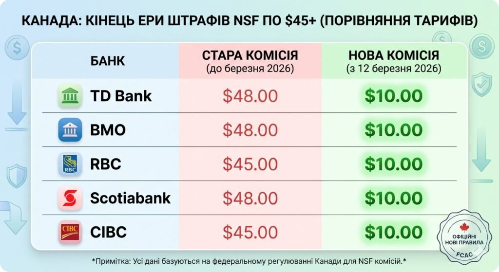 Інфографіка порівняння старих та нових комісій за недостатність коштів у банках Канади TD, BMO, RBC, Scotiabank та CIBC.