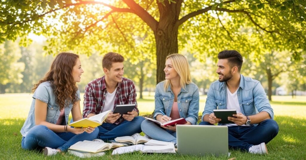 Четверо веселих студентів сидять під деревом на кампусі в Онтаріо, навчаються та діляться враженнями
