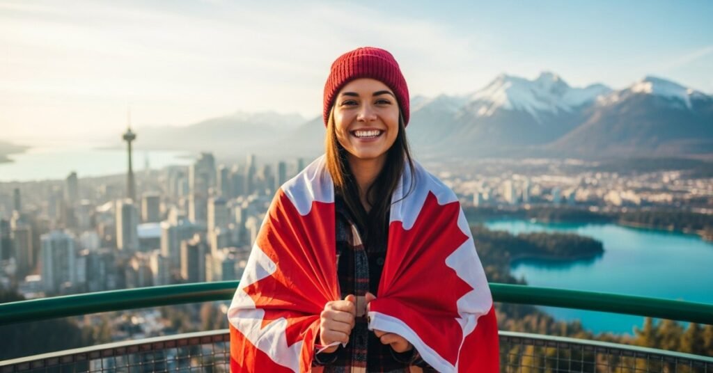 Щаслива дівчина з канадським прапором на фоні Торонто та гір, що символізує отримання статусу PR.