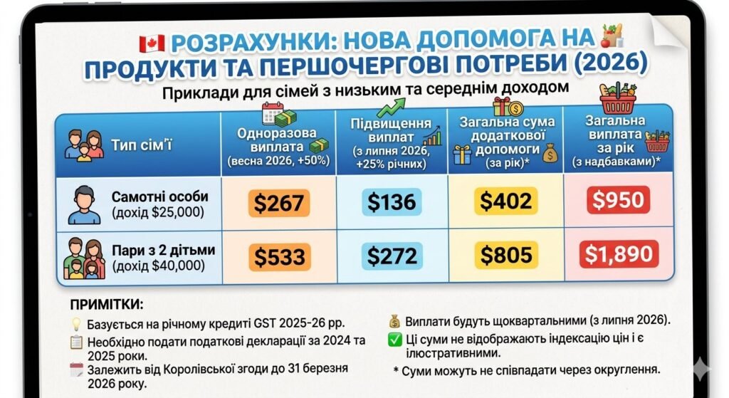 Інфографіка з розрахунками виплат на продукти в Канаді 2026 для самотніх осіб та сімей