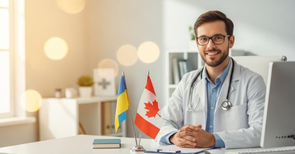 Професійний лікар у кабінеті в Онтаріо з українським прапорцем на столі