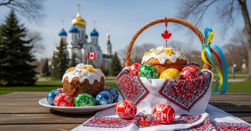 Традиційний український великодній кошик з паскою на фоні православної церкви в Торонто з елементами канадської та української символіки.