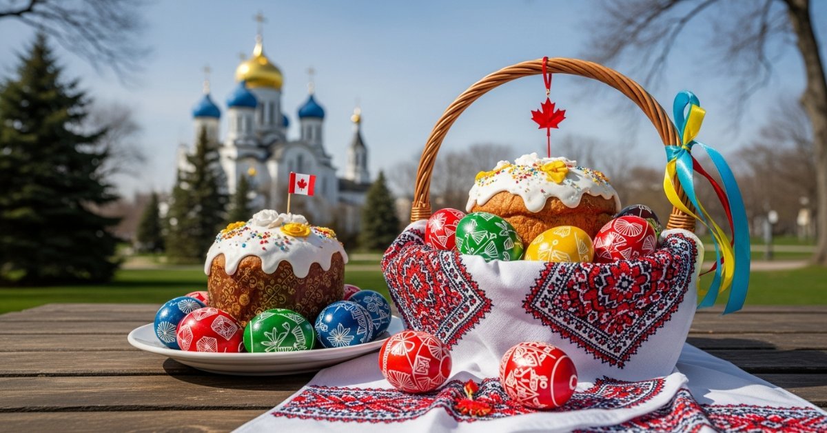 Традиційний український великодній кошик з паскою на фоні православної церкви в Торонто з елементами канадської та української символіки.