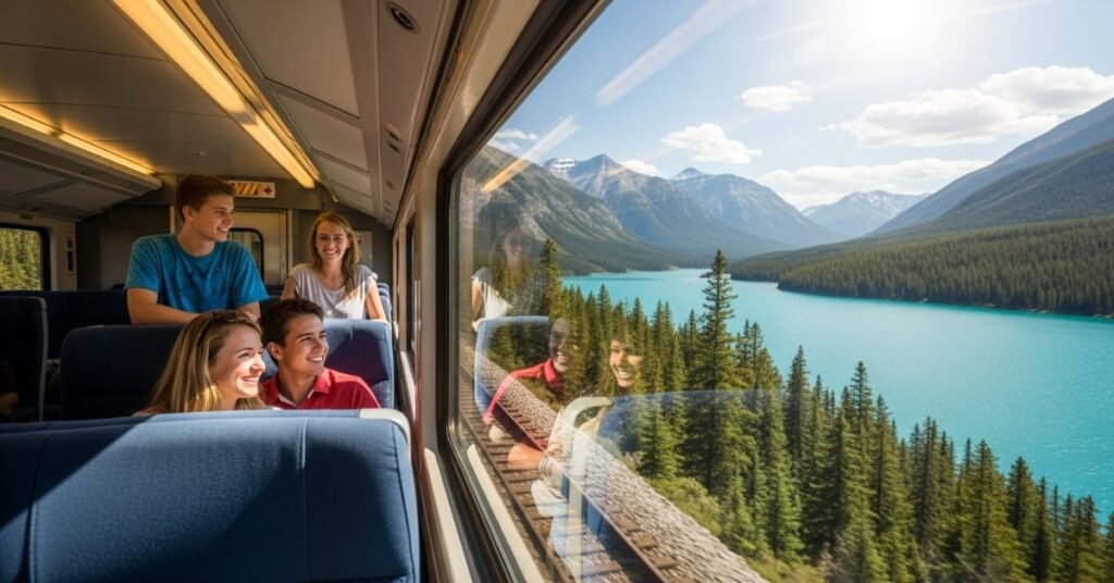 Потяг VIA Rail у горах Канади та щаслива родина під час безкоштовної подорожі