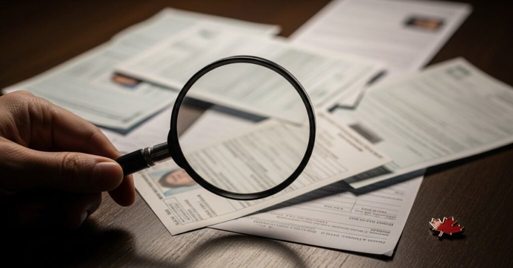 Лупа над розкиданими паперами, що символізує пошук загублених документів у Канаді.