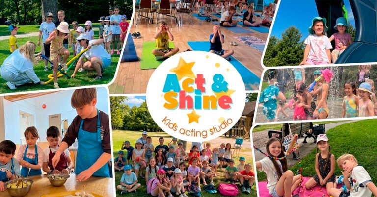 Колаж фотографій з дитячого табору Camp Act&Shine: йога, кулінарний майстер-клас, ігри на вулиці, водні розваги та групове фото дітей.