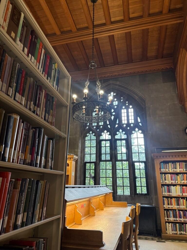 Інтер'єр бібліотеки Emmanuel College з високим готичним вікном, стелажами книг та дерев'яними столами для навчання.