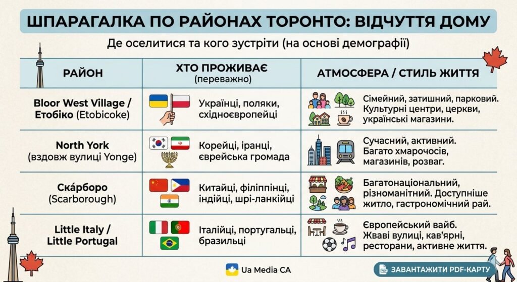 Інфографіка-шпаргалка з таблицею районів Торонто, де вказано етнічний склад населення та атмосферу Етобіко, Скарборо, Норт-Йорка та італійських кварталів.