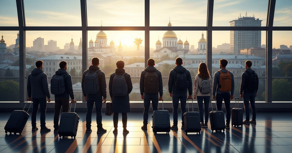 Українці з валізами на фоні сучасного міста у променях ранкового сонця.