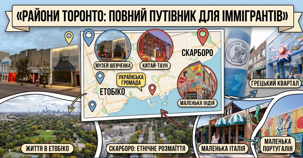 Інфографіка з картою районів Торонто, де позначені українська громада, Етобіко, Скарборо та етнічні квартали міста.