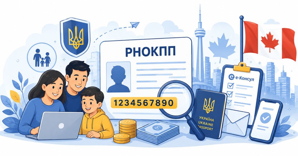 Ілюстрація української сім'ї з дитиною за ноутбуком на фоні канадського прапора, вежі CN Tower та символіки РНОКПП і е-Консул.