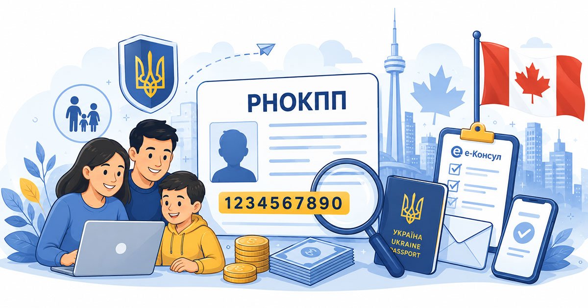 Ілюстрація української сім'ї з дитиною за ноутбуком на фоні канадського прапора, вежі CN Tower та символіки РНОКПП і е-Консул.