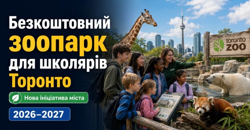 Афіша програми безкоштовного відвідування зоопарку Торонто для школярів із зображенням дітей, тварин та краєвиду міста.