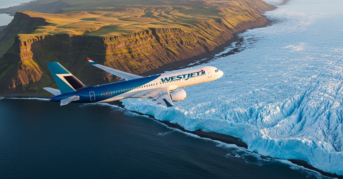 Літак авіакомпанії WestJet летить над мальовничим пейзажем Ісландії з льодовиками та скелями.