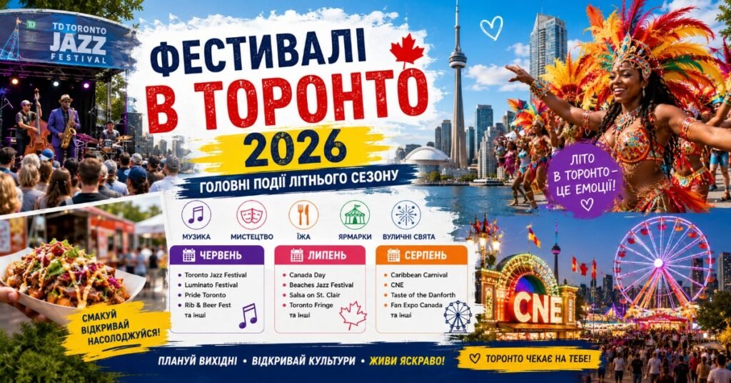 Колаж афіші літніх фестивалів у Торонто 2026 року із зображенням джазового концерту, карнавалу, вуличної їжі та ярмарку CNE.