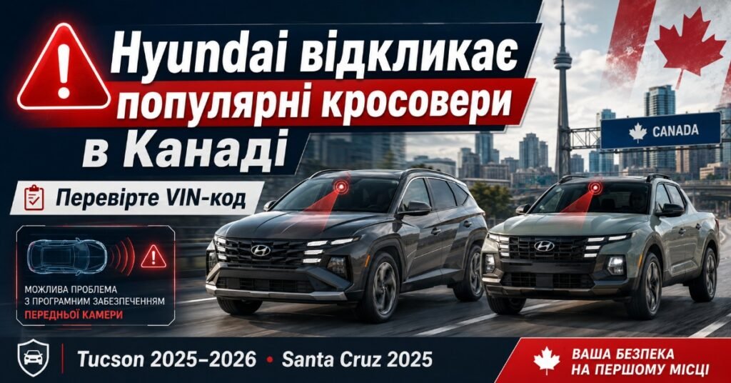 Афіша про відкликання автомобілів Hyundai Tucson та Santa Cruz у Канаді через проблеми з передньою камерою.