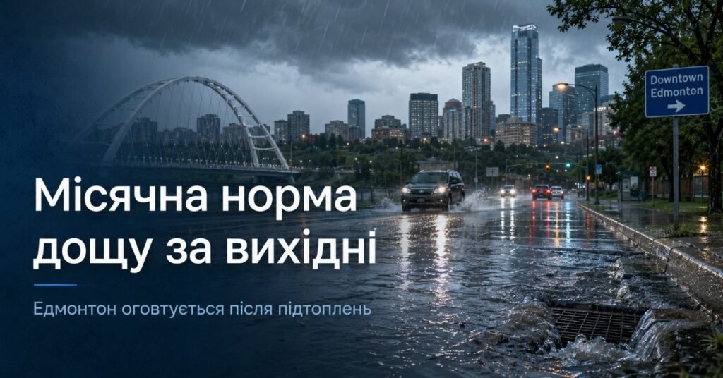 Залита дощем дорога в Едмонтоні з видом на міст Вальтердейл та хмарочоси даунтауна під час сильної зливи.