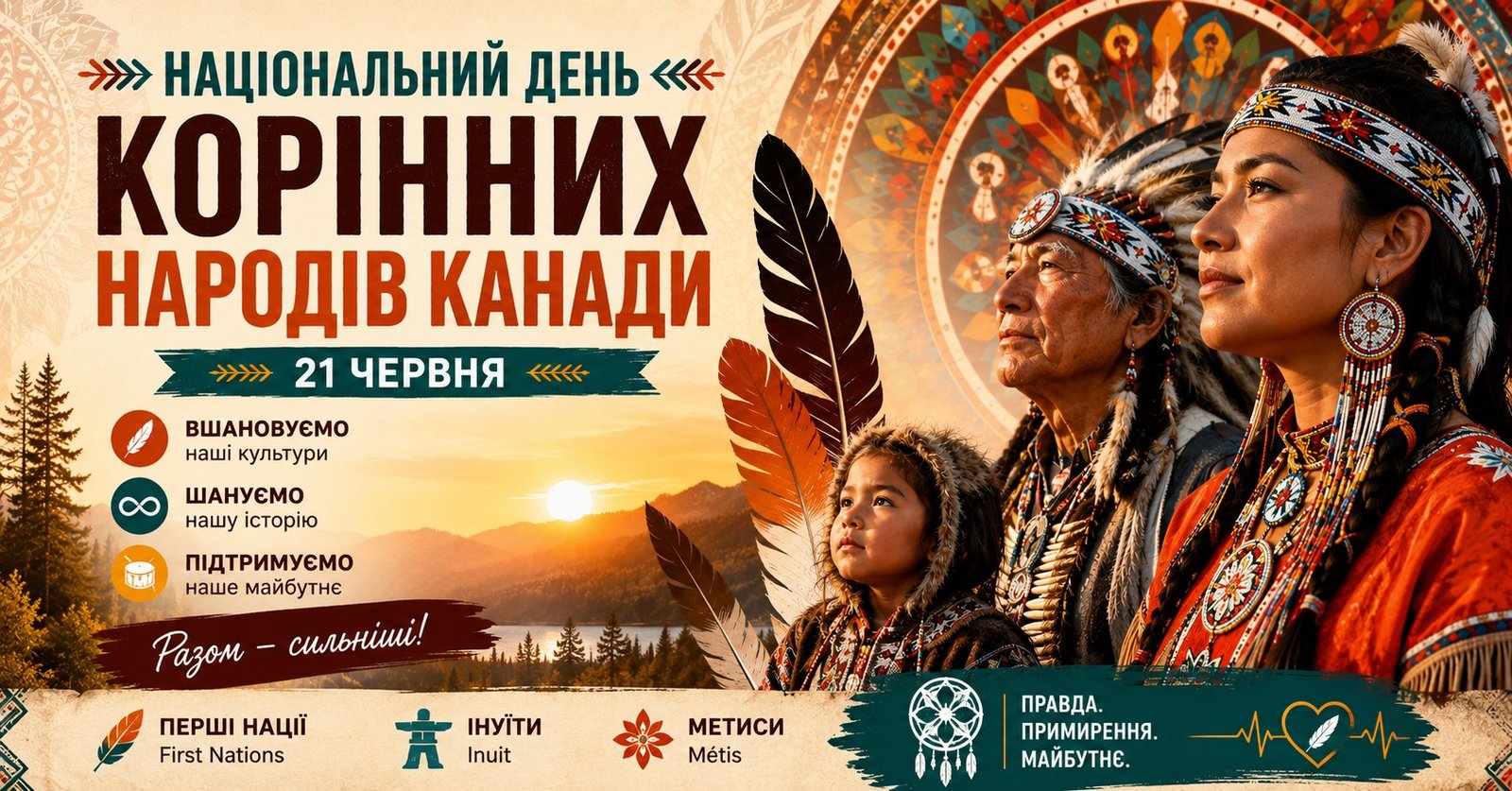 Колаж до Дня корінних народів Канади із зображенням представників Перших націй, інуїтів та метисів на фоні заходу сонця, гір та озера.