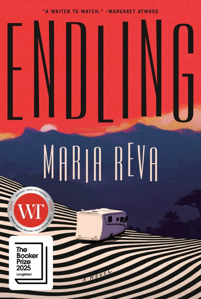 Обкладинка книги Endling Марії Реви із зображенням білого фургона на сюрреалістичній чорно-білій смугастій дорозі на фоні гір та червоного неба.