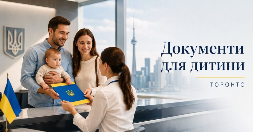 Українська родина з немовлям отримує документи в консульстві в Торонто на фоні панорами міста з вежею Сі-Ен Тауер.