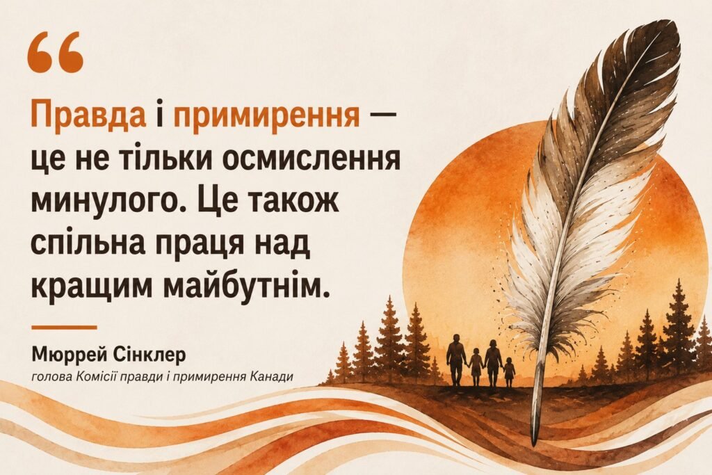 Графічне зображення з цитатою Мюррея Сінклера на світлому фоні, силуетом сім'ї, що йде до сонця, та великою пташиною пір'їною.