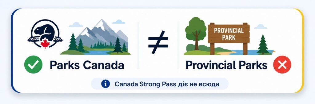 Інфографіка, що порівнює Parks Canada та Provincial Parks з позначками про дію програми Canada Strong Pass.