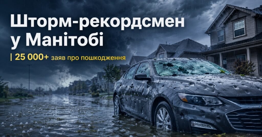 Автомобіль з розбитим лобовим склом та численними вм'ятинами від граду на затопленій вулиці під час потужного шторму. Згенеровано ШІ.