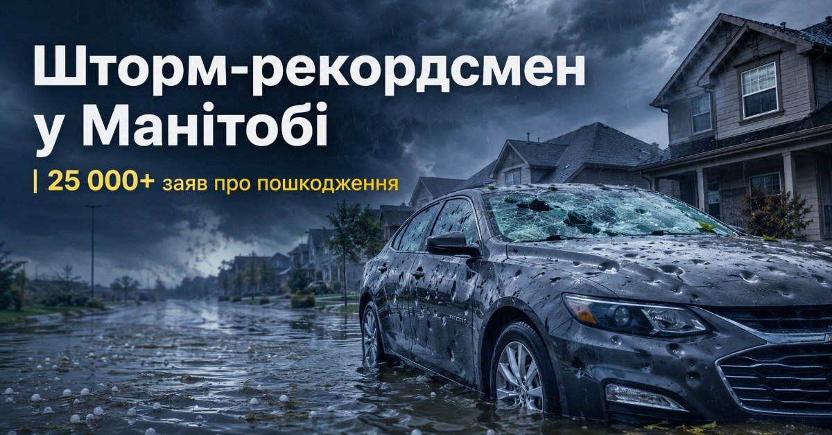 Автомобіль з розбитим лобовим склом та численними вм'ятинами від граду на затопленій вулиці під час потужного шторму. Згенеровано ШІ.