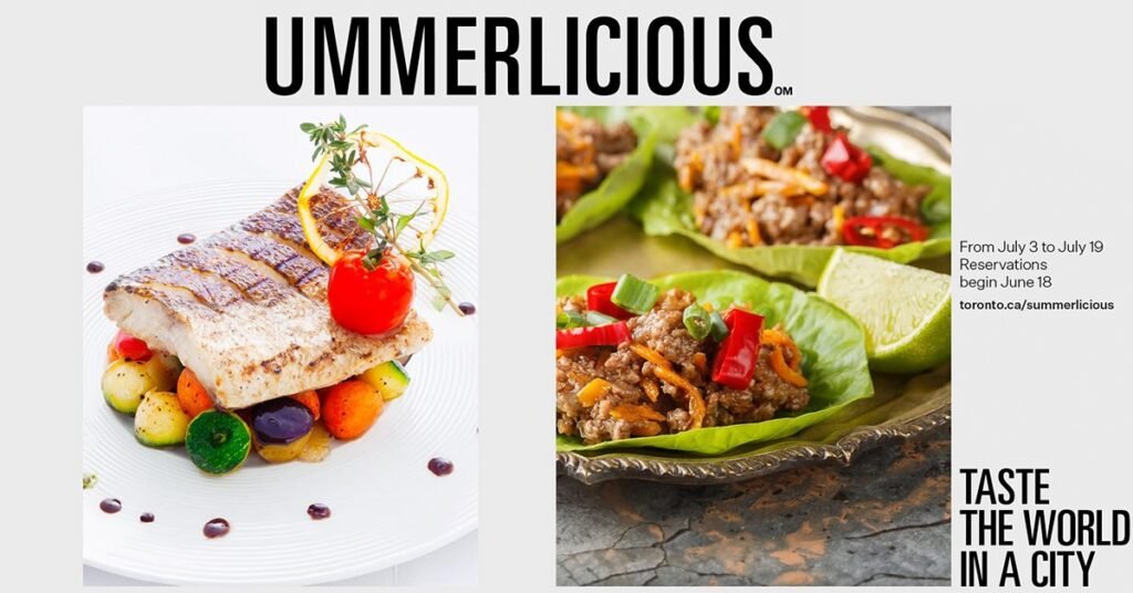 Колаж страв для фестивалю Summerlicious: запечена риба з овочами та м'ясні закуски в листі салату з текстом про дати проведення