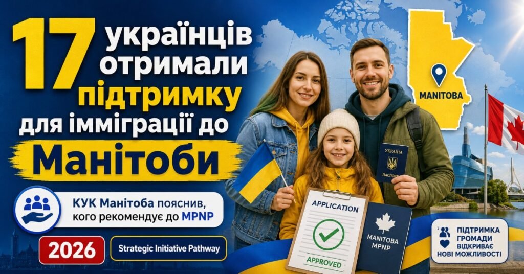 Щаслива українська родина на фоні прапора Канади та карти Манітоби тримає документи про схвалення імміграційної заявки.