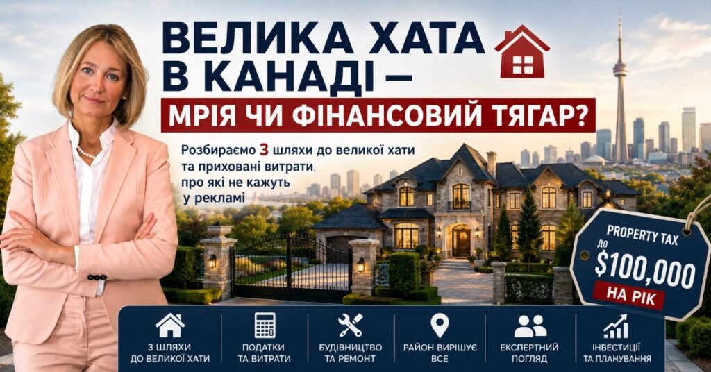 Жінка-експерт у рожевому піджаку на фоні розкішного маєтку та панорами вечірнього Торонто