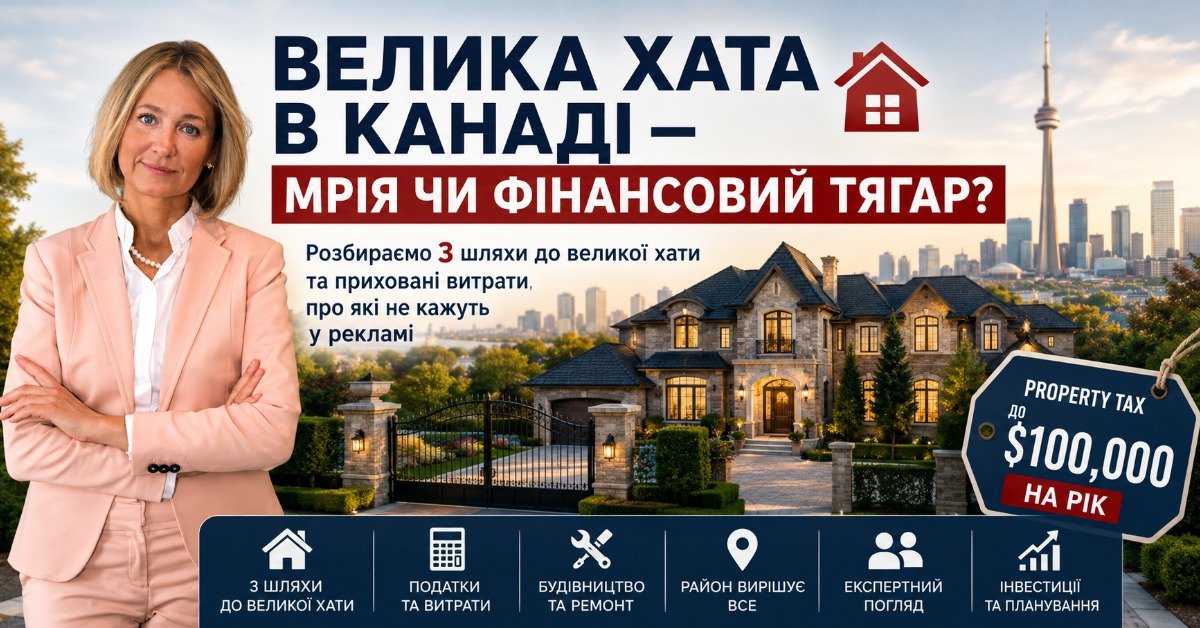 Жінка-експерт у рожевому піджаку на фоні розкішного маєтку та панорами вечірнього Торонто