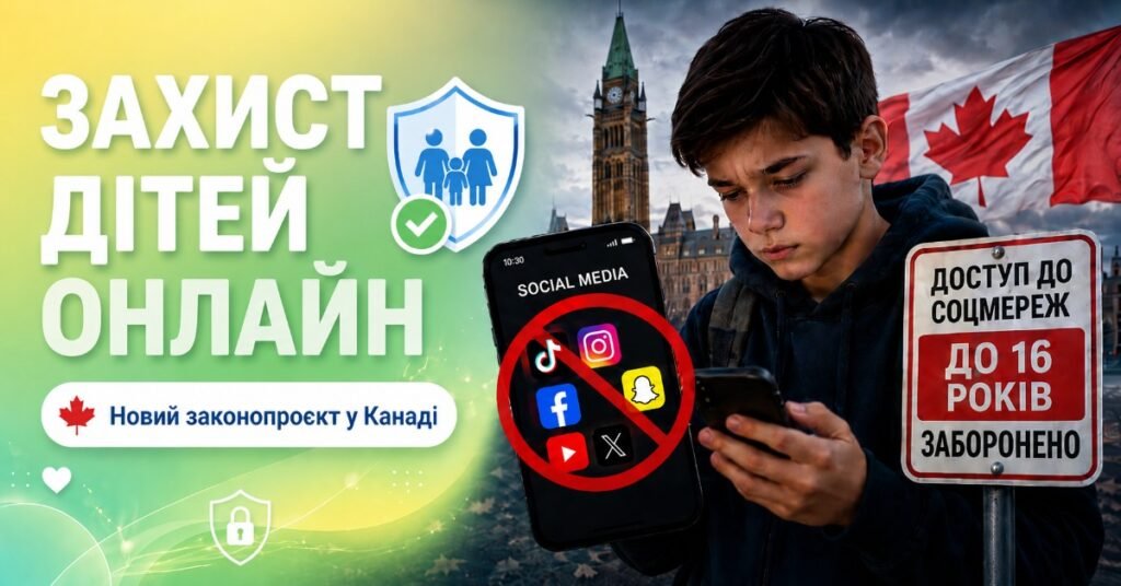 Колаж про заборону соцмереж у Канаді: підліток із телефоном на фоні парламенту в Оттаві та попереджувального знаку.