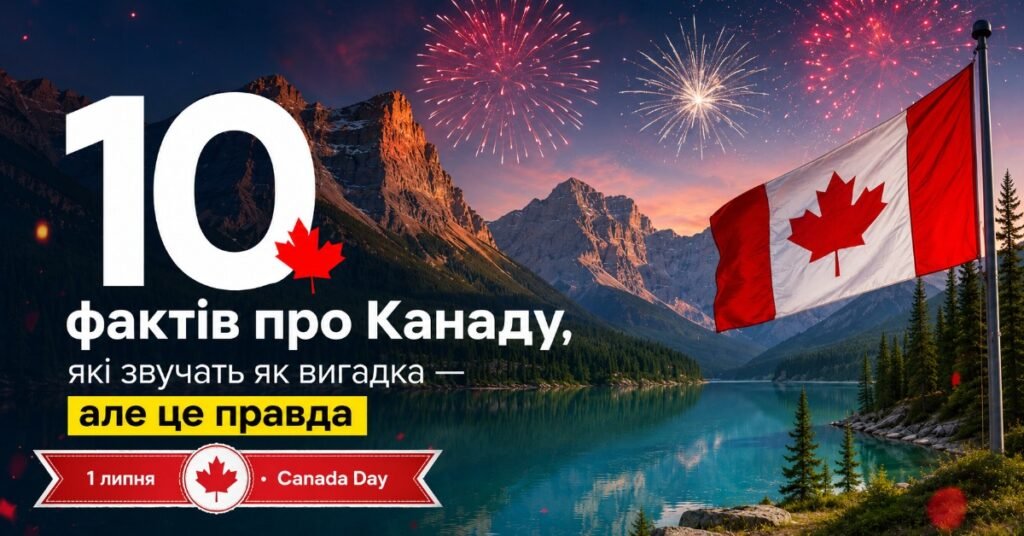 Гірський пейзаж Канади з бірюзовим озером, державним прапором на флагштоку та святковими феєрверками в сутінках.