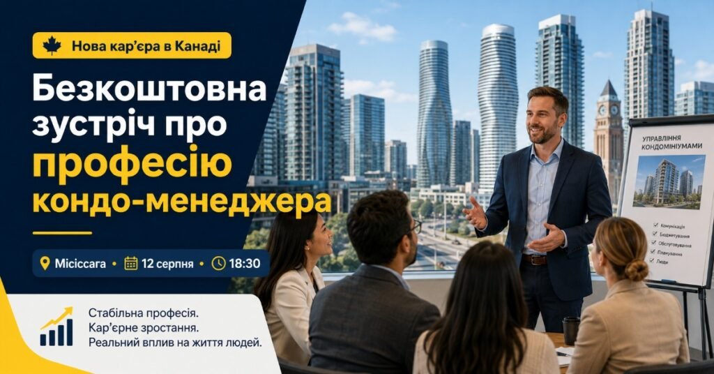 Афіша заходу про професію кондо-менеджера в Місісазі з зображенням спікера та хмарочосів