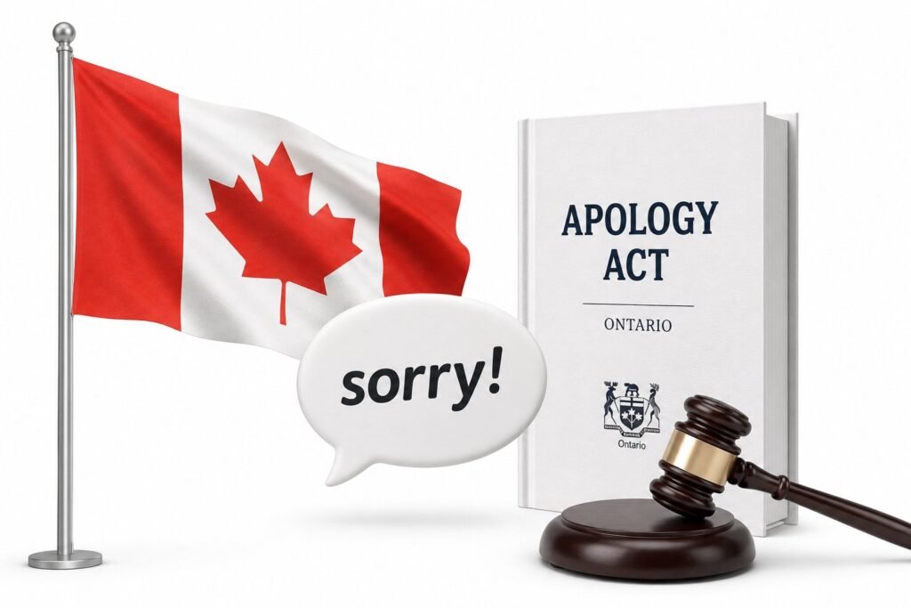 Канадський прапор, бабл зі словом sorry, книга Apology Act Ontario та суддівський молоток на білому фоні.