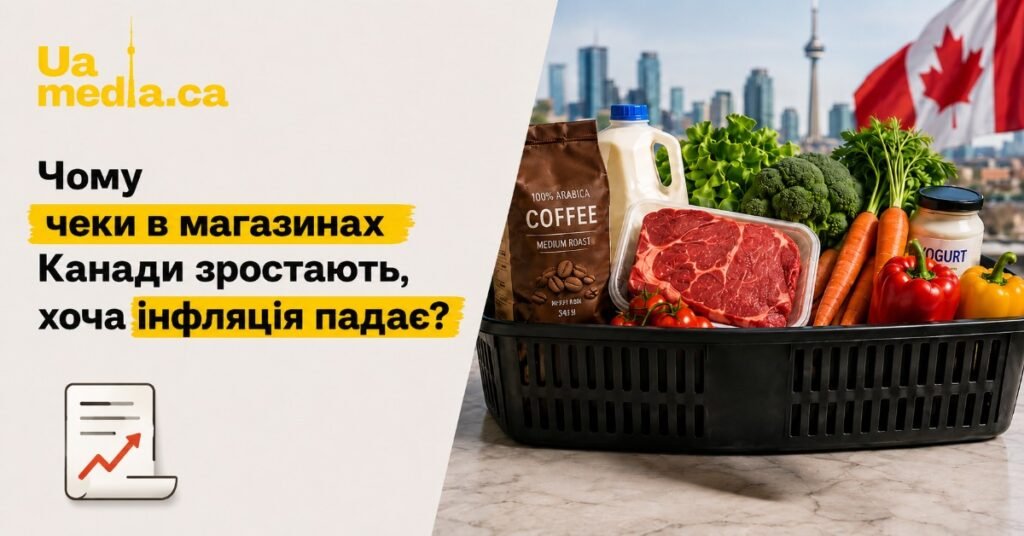 Кошик із продуктами: яловичина, кава, молоко та овочі на фоні панорами Торонто та прапора Канади.