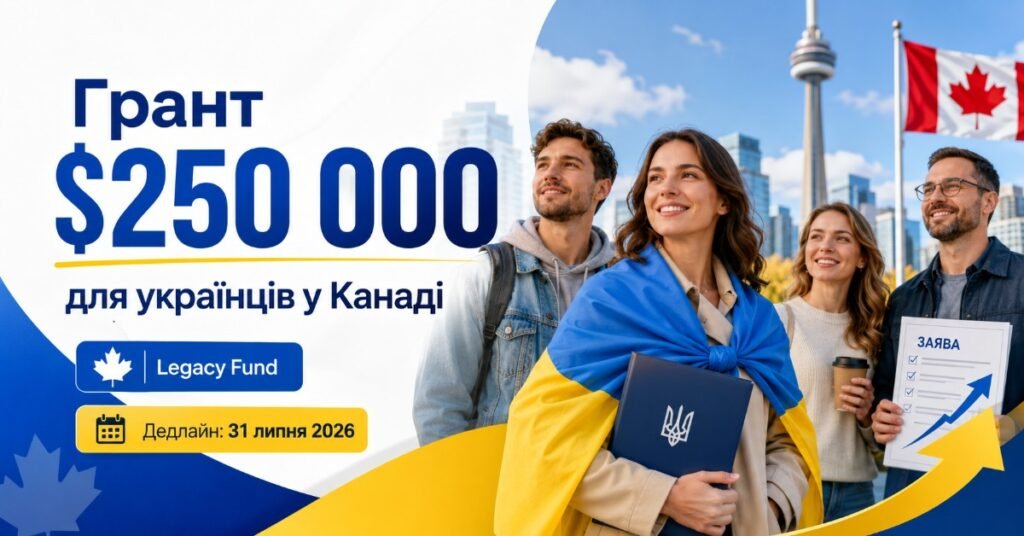 Афіша гранту 250 000 доларів для українців у Канаді із зображенням людей на фоні Торонто та українського прапора