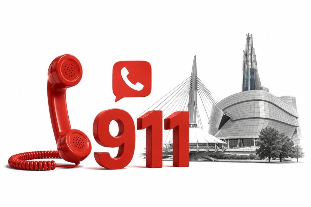 Червоний ретро-телефон та великі 3D-цифри 911 на фоні архітектури Вінніпега, зокрема Канадського музею прав людини.