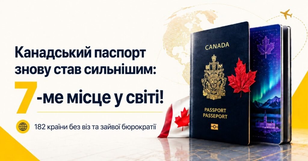 Канадський паспорт на фоні карти світу з написом про 7-ме місце в рейтингу та 182 безвізові країни.