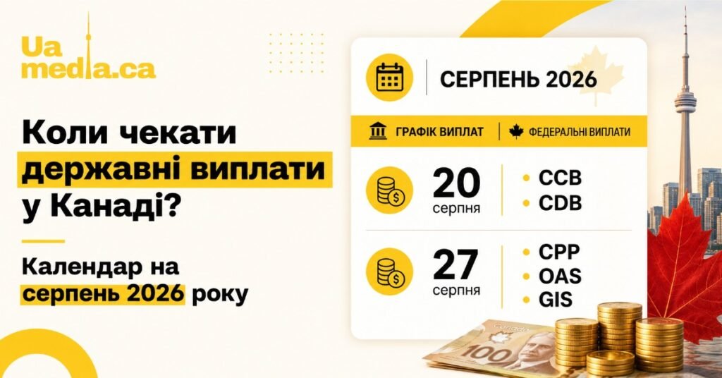 Інфографіка з календарем федеральних виплат у Канаді на серпень 2026 року: дати 20 та 27 серпня.