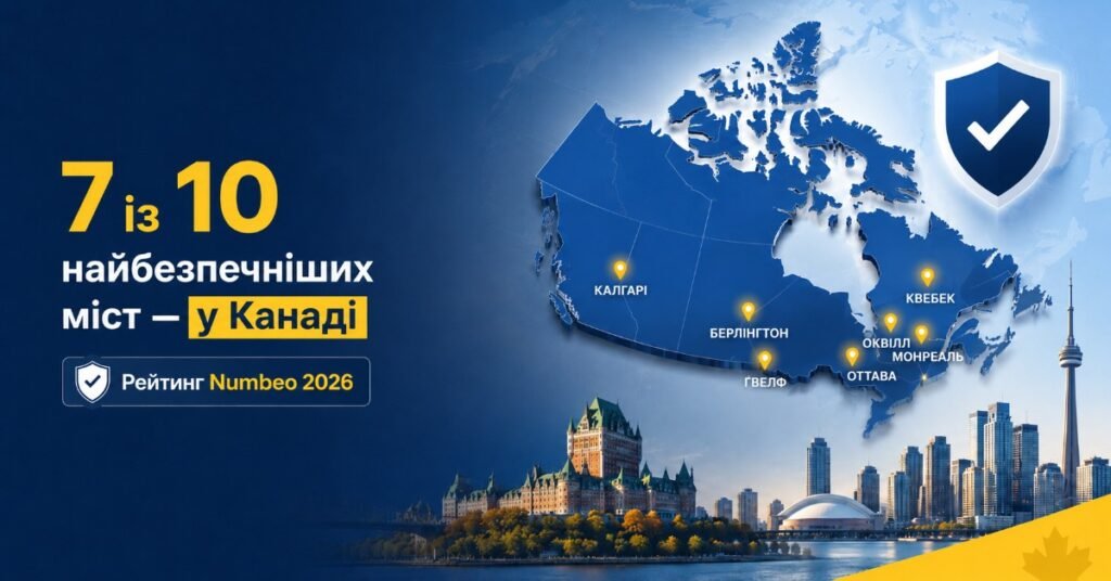 Інфографіка з картою Канади, позначками найбезпечніших міст та архітектурними пам'ятками
